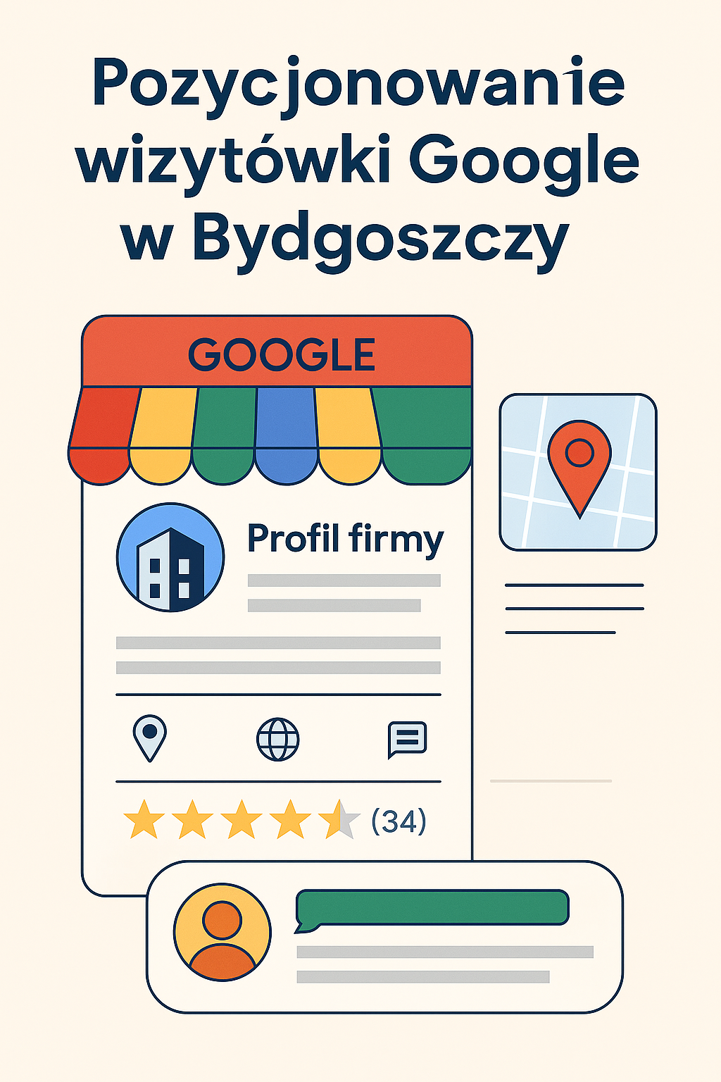 Ilustracja prezentująca profil firmy w Google z ocenami i mapą – pozycjonowanie wizytówki Google w Bydgoszczy